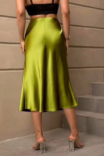 Imagen 2 del producto Falda midi de satén de color puro para mujer, falda de sirena drapeada a tope, de gama alta, a la moda, para primavera y verano