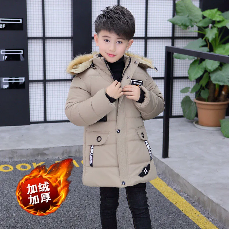 4 6 8 10 12 14 Years Big Boys Jacket Autumn Winter Plus Velvet Warm Teen Kids Jackets Fashion Mid-Length Zipper Hooded Boys Coat