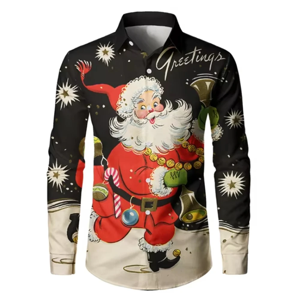 Men's Long Sleeve Shirt New Year Christmas Shirt Casual New Year Decoration Funny Santa Claus Oversize Men's Clothing XS-6XL