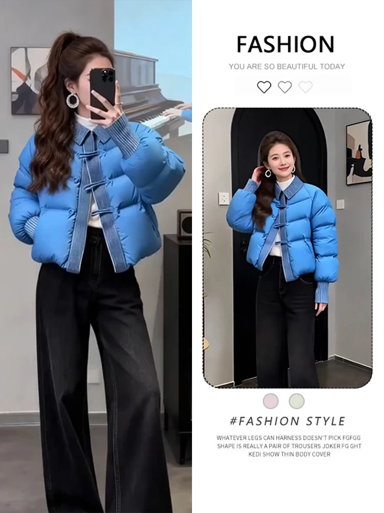 

Новая женская зимняя утепленная хлопковая куртка в корейском стиле, свободного кроя, молодежная, синяя, с декоративными вставками, размер S