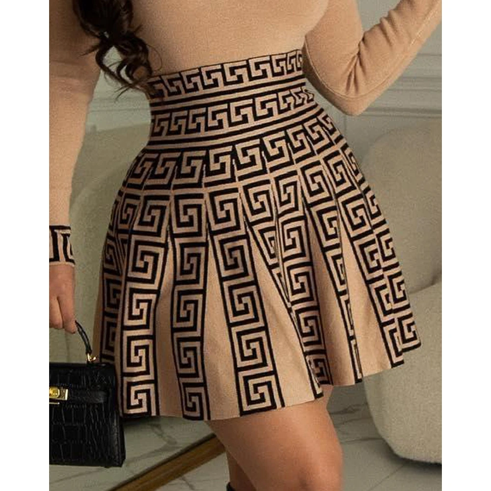 Women Geometric Print Long Sleeve Top & Work Mini Pleated Dress Set Female 2024 Summer O-neck Office A Line Dress Casual Clothes