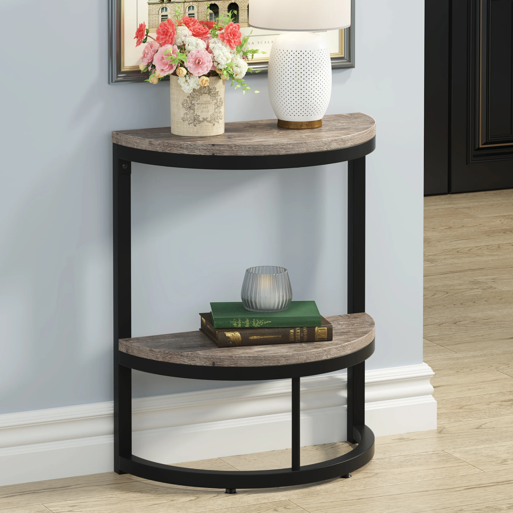 Tribesigns 2-Tier End Table Semi Circle, Small Half Round Side Table with Storage Shelf, Wood Accent Table Slim C Table