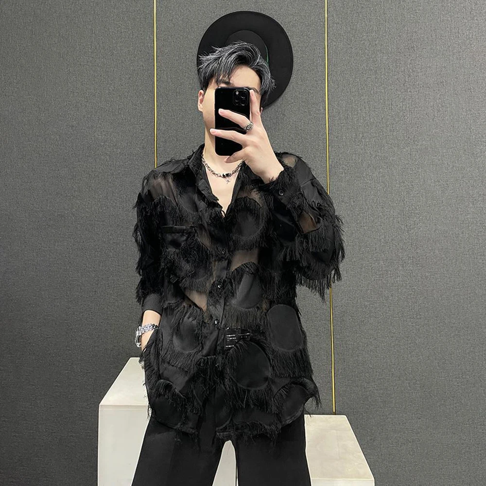 Mens Feather Tassel Nightclub Casual Shirt Streetwear Fashion Stage Performance Youth Campus Long Sleeve Top Men'S Clothing 2026