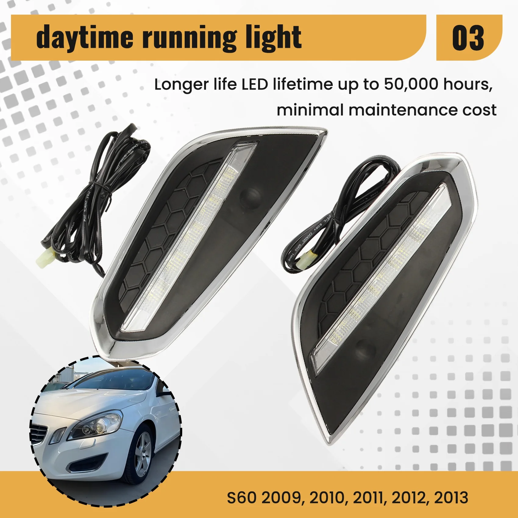 أعلى بيع سيارة DRL LED النهار تشغيل ضوء مصباح الضباب 1 زوج لفولفو S60 2009 2010 2011 2012 2013 ضوء النهار #1