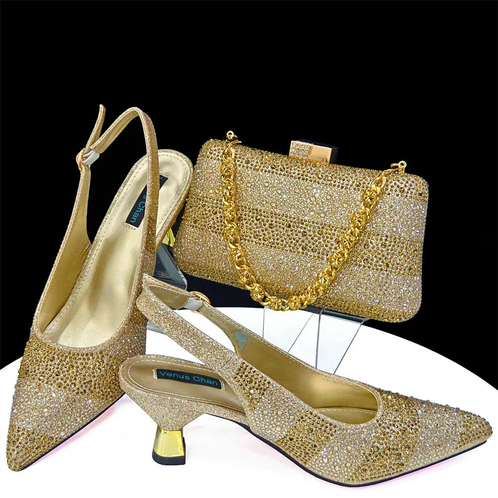 Fashion Evening Dress Asian Style Golden Buckle Square Heel Design High Heels Shining Crystal Beautiful Women's Party