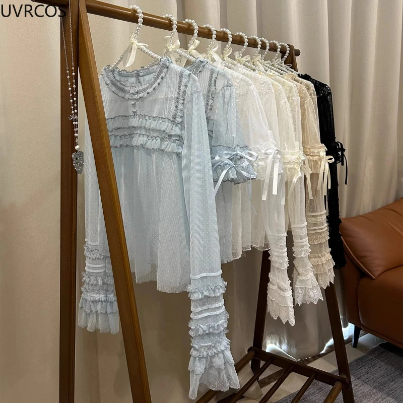 Victoriaanse Vintage Elegante Lolita Blouses Vrouwen Japanse Zoete Ruches Mesh Dunne Shirts Meisjes Kawaii See Through Jsk Binnenkant Tops