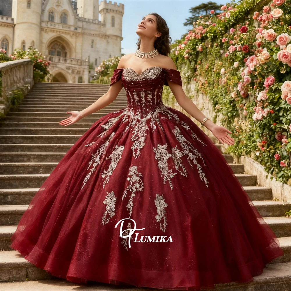 

Off the Shoulder Burgundy Sweet 15 Dress for Teens Gold Lace Ball Gown Quinceanera Dresses Customized Womens Party Gown