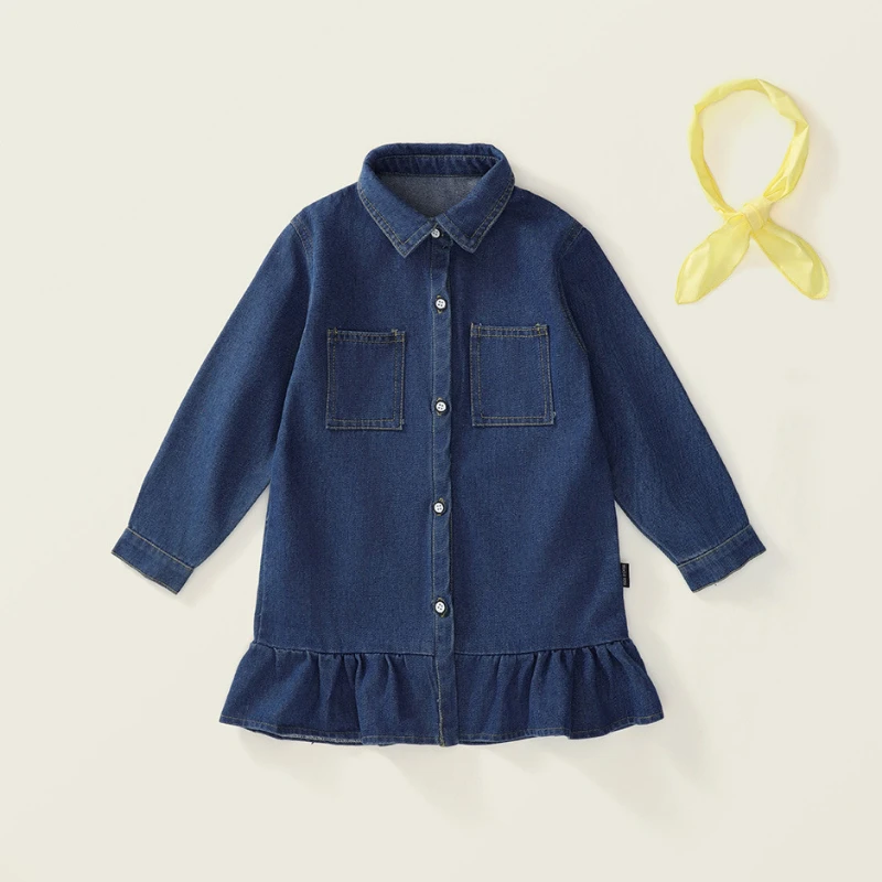 Girls Lapel Long-Sleeved Denim Dress Send Bow Tie 2024 Spring New Children\'s Korean Buttons Pockets Casual Loose Ruffled Dresses