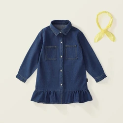 Girls Lapel Long-Sleeved Denim Dress Send Bow Tie 2024 Spring New Children's Korean Buttons Pockets Casual Loose Ruffled Dresses