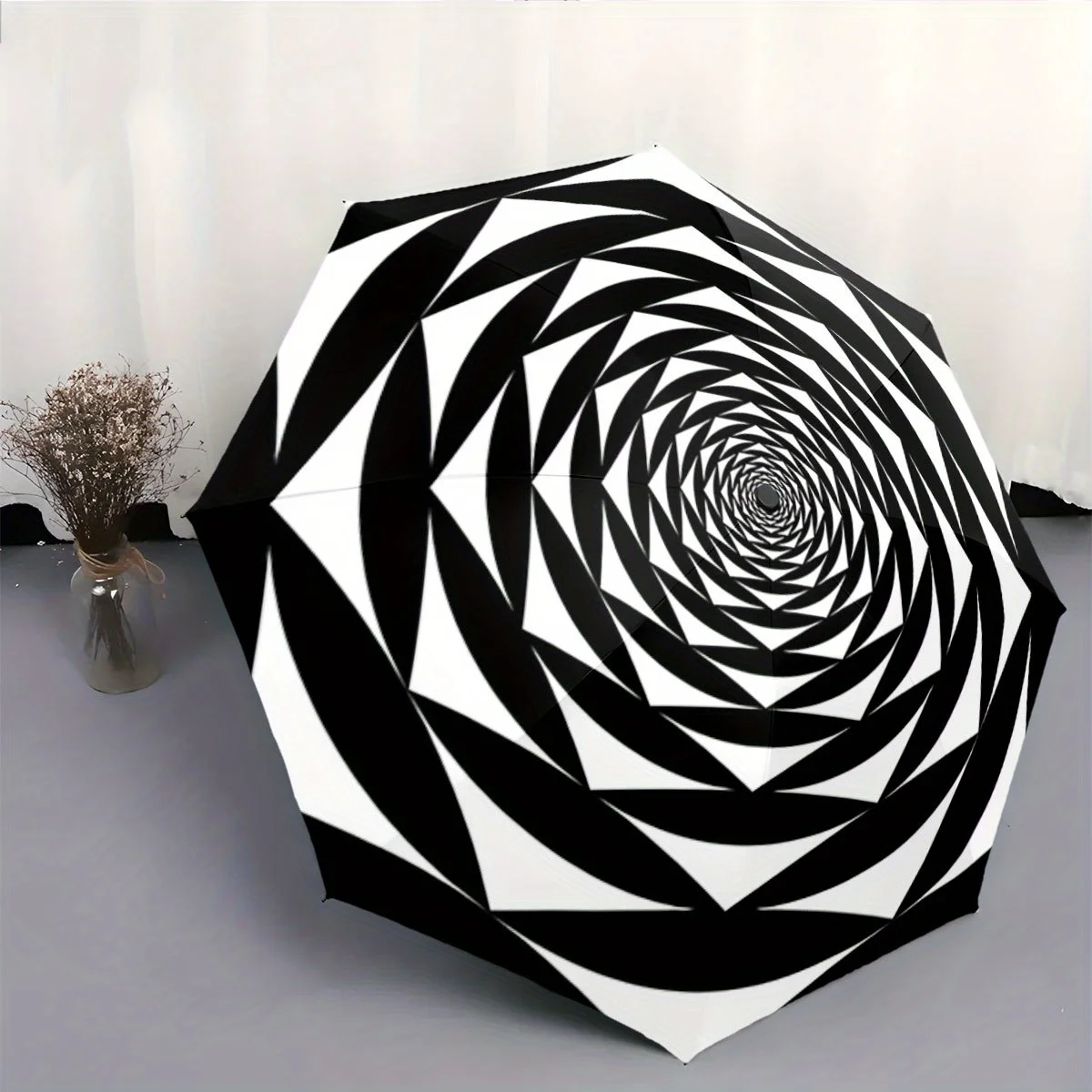 

Автоматический зонт с оптической иллюзией, черно-белый спиральный дизайн - 8-спицевый ветрозащитный складной купол, черный