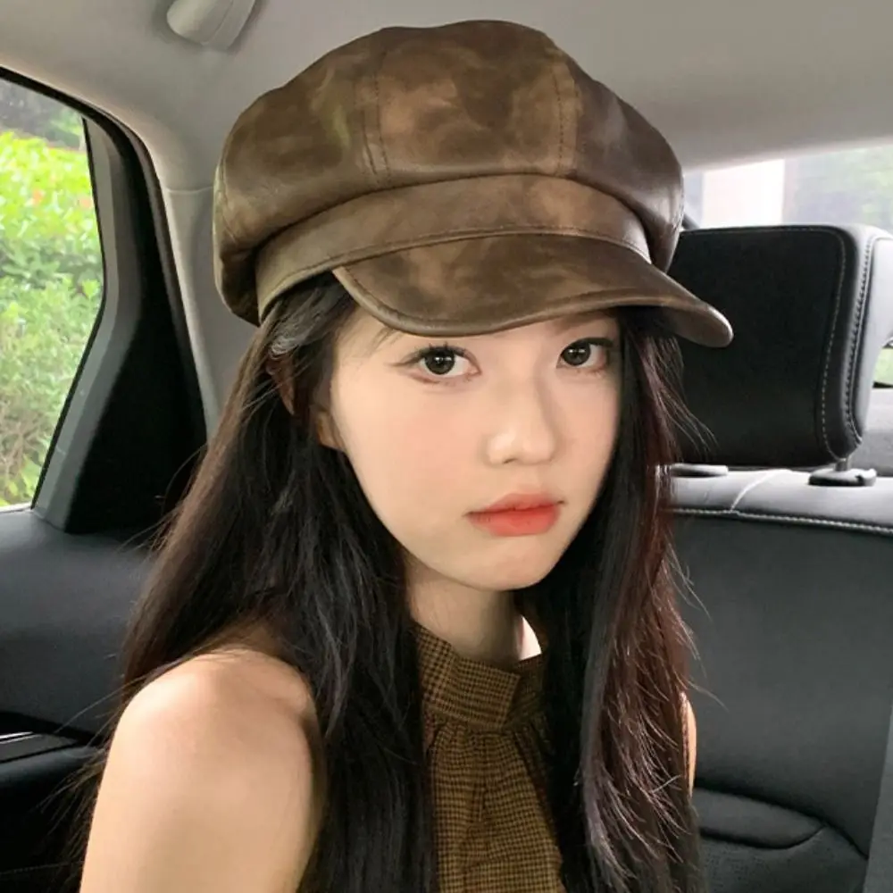 Berretto in pelle PU stile britannico moda autunno inverno berretto da donna marrone nero berretto ottagonale berretto da artista casual da donna