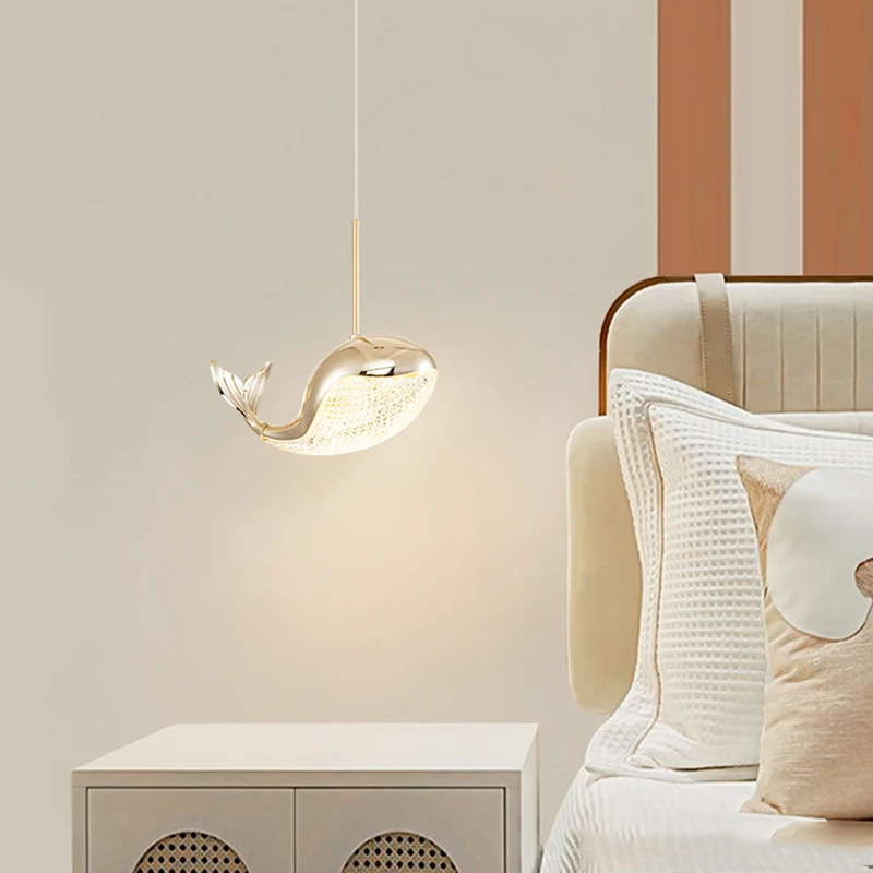 Children\'s Room Dolphin Bedroom Bedside Golden Chandelier Long Line Modern Light Luxury Living Room Small Pendant Lamp Fixtures