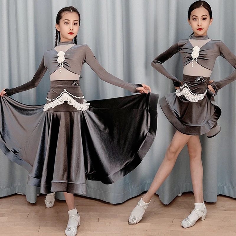 Girls Grey Ballroom Dance Performance Costume Bodysuit Skirt Latin Dancing Clothes Tango Standard Dance Stage Outfit VDB7764