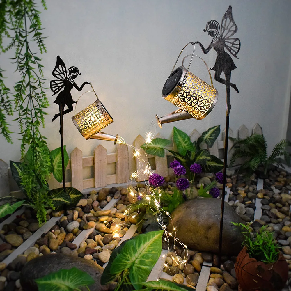 Outdoor Solar Powered Angel Water Can Lamp Hollow Cutout Star Projector Auto Dusk To Dawn Garden Lawn Decorative Light