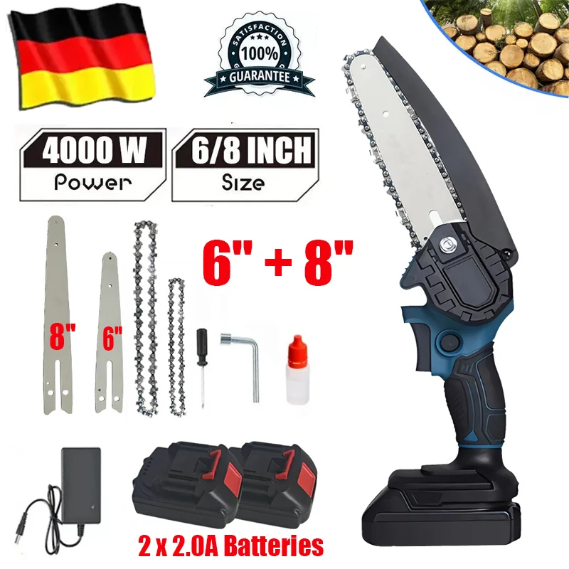 Mini tronçonneuse sans fil 6 "8", 24V, scie électrique à une main, coupe-bois avec 2 Batteries, pour la coupe des branches d'arbre, 4000W