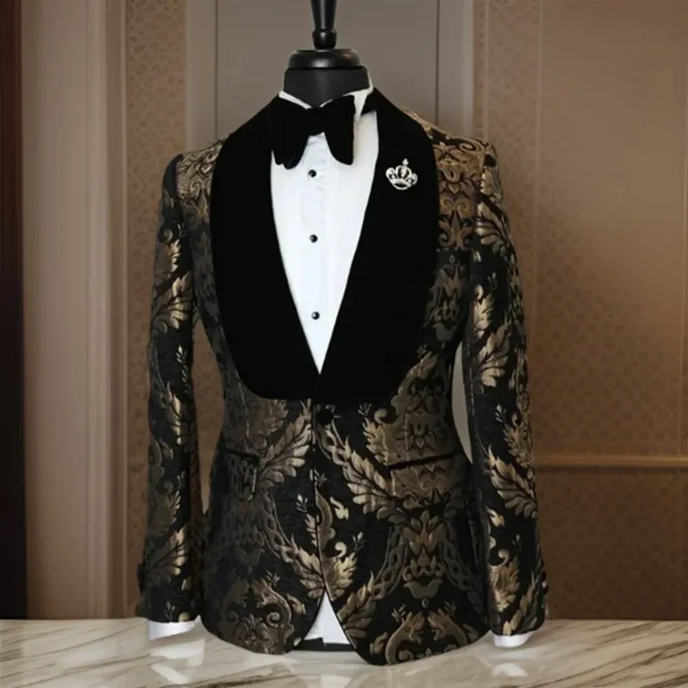 Luxury Jacquard Fabric Suits for Men Black Shawl Lapel Single Breasted Blazer Formal Prom Party Jacket 1 Piece Elegant Clothing