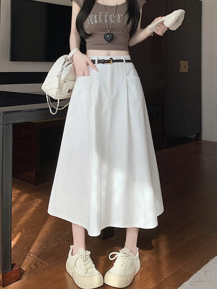 

High Waist A-Line Midi Skirt Women's Workwear Cotton Washed Summer 2026 New Pear Shape Hip Covering Full Swing Skirt