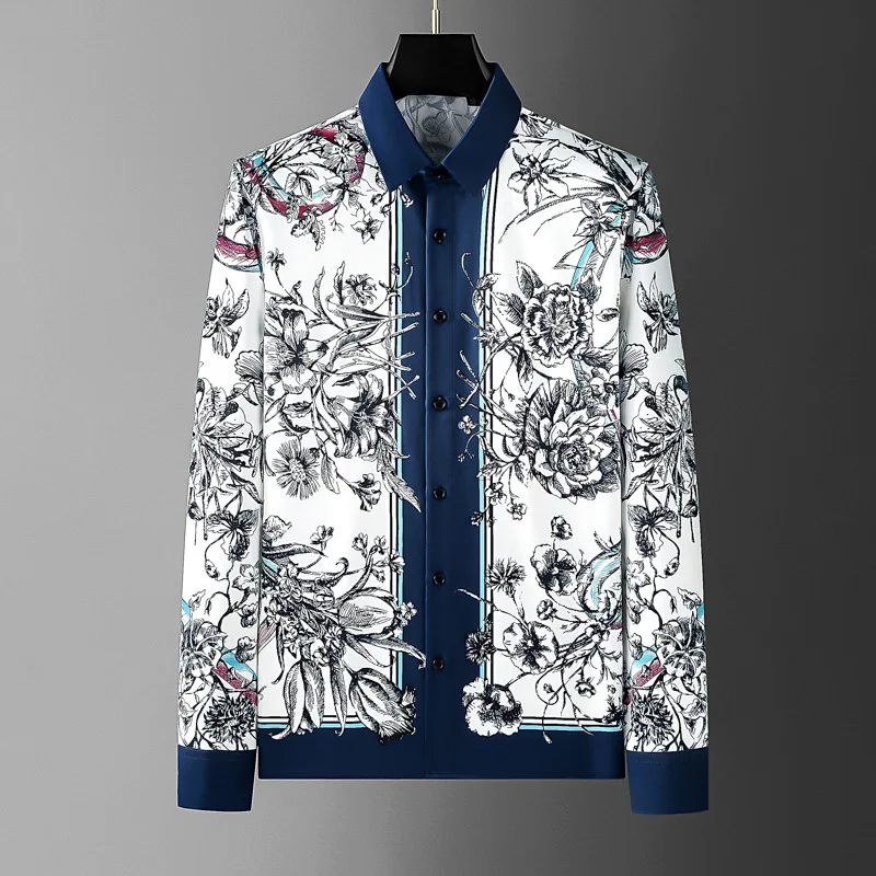 

2025 Spring Summer Floral Printed Shirt Men Vintage Slim Fit Long Sleeve Casual Shirts Business Social Formal Dress Shirt S-5XL
