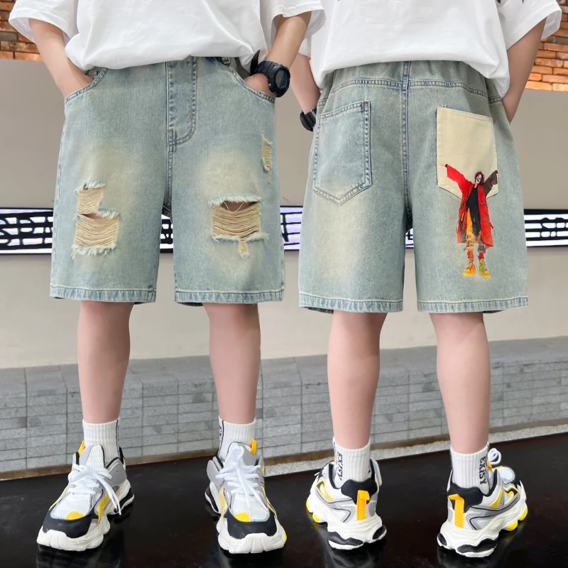 Kids Boys Fashion Design Broken Hole Shorts with Clown Print for Tweens Child Loose Summer Destroyed Ripped Denim Shorts 5-14Y