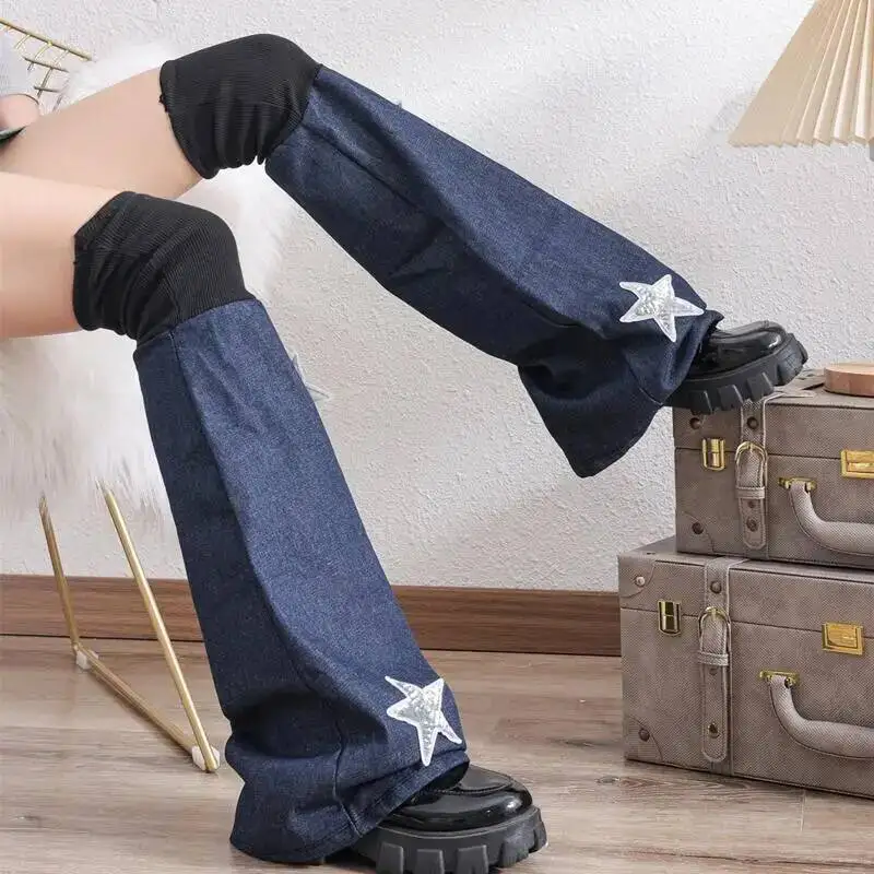 

BabYoung Vintage Blue Star Denim Warmers Y2k Grunge Wide Leg Flared Pants Women 2025 Spring Autumn New Foot Warming Cover