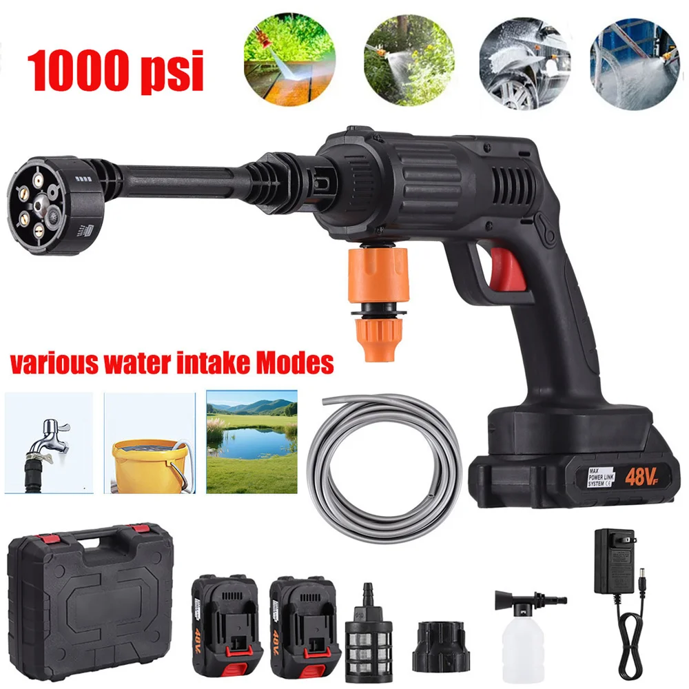 1000 Psi Electric High Pressure Washer 6-in-1 Nozzle Cordless Portable Car Wash Spray Water Gun Outdoor Cleaner Machine