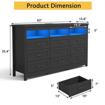 63吋寬臥室大抽屜櫃,農舍風格九抽屜櫃附LED燈,現代木抽屜櫃收納整理櫃 8 最佳銷售 抽屜櫃 - №3