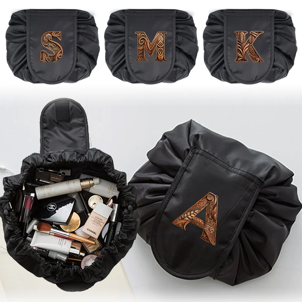 

2025 New Women Drawstring Cosmetic Bag Portable Beauty Case Travel Large Capacity Storage Bag Pattern Wood Art Letter Series