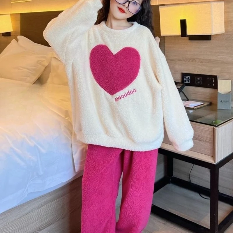 

Пижамы из кораллового флиса для девочек, осень-зима 2022, новый утолщенный фланелевой комплект из двух предметов, стильная домашняя одежда для больших детей