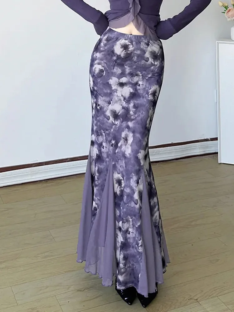 Ocean Holiday Mesh Long Skirt Women Vintage Slim High Waist Floral Skirt Summer Female Elegant Retro Sweet Casual Long Skirts