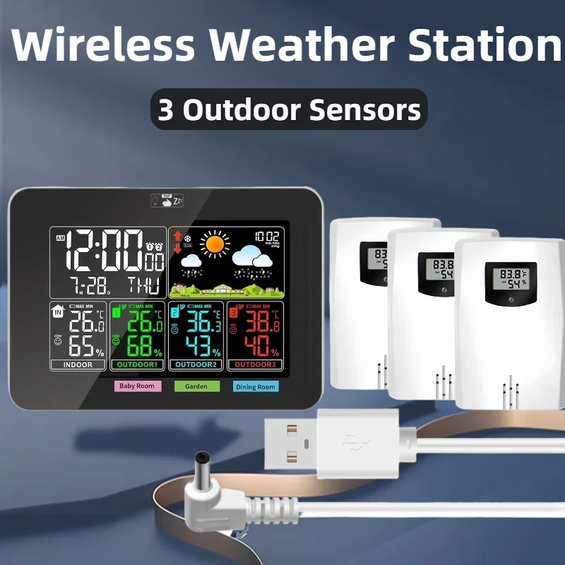 Weather Stations Weather Thermometer,Wireless Indoor Outdoor Temperature Humidity & 3 Outdoor Sensors