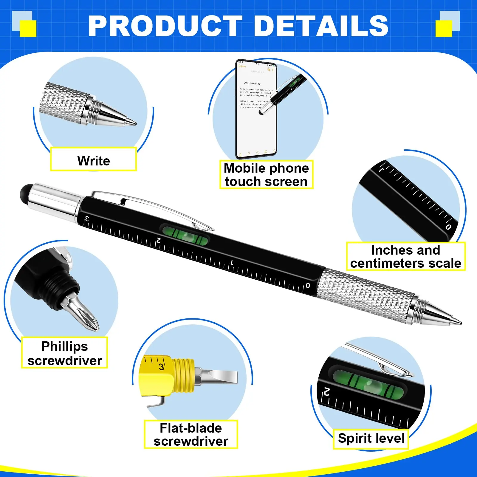 Multifunções Caneta Esferográfica com Modern Handheld Tool, Medida, Régua Técnica, Chave de Fenda, Touch Screen, Stylus Spirit Level, 32Pcs