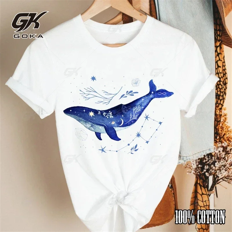 Cartoon Blue Whale Print Cotton T-shirt Cotton Retro Harajuku Short Sleeved Clothing Y2k  T-shirt Summer Harajuku Large T-shirt