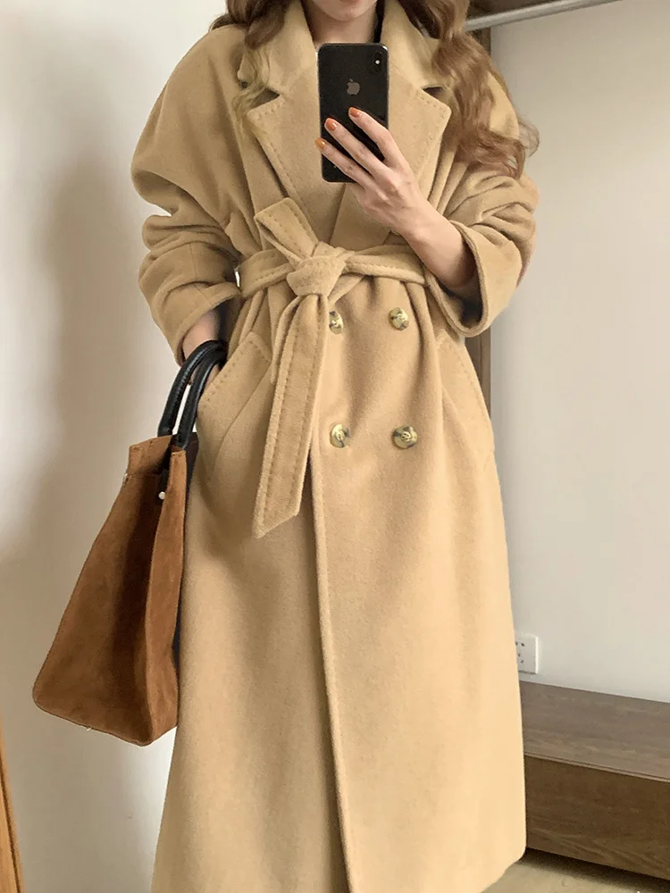 

2023 Htbt1018.01 Million Year Old Unchanged Classic Camel Double Breasted Cashmere Coat Women's Mid Length Lace Coat