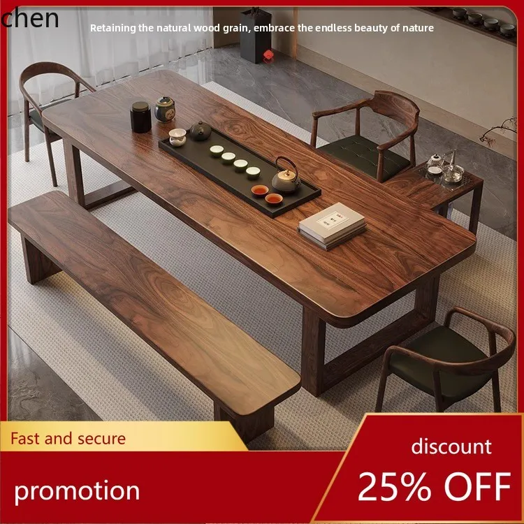 HT Solid Wood Tea Table Home Dining Table Balcony Living Room New Chinese Zen Tea Table Office Tea Brewing