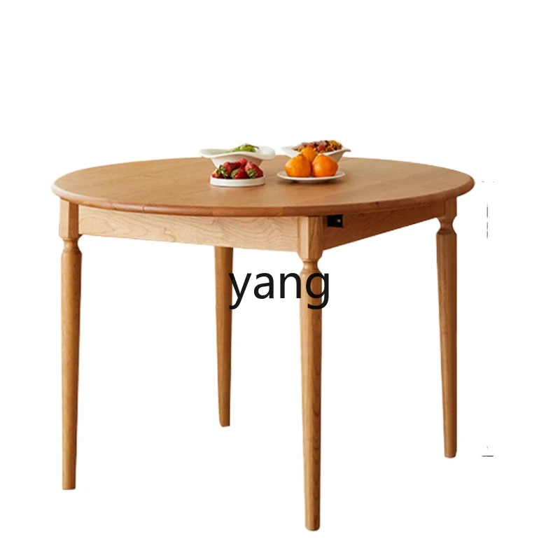 

LXL Solid Wood Retractable Dining Table Small Apartment Household round Cherrywood Pull-out