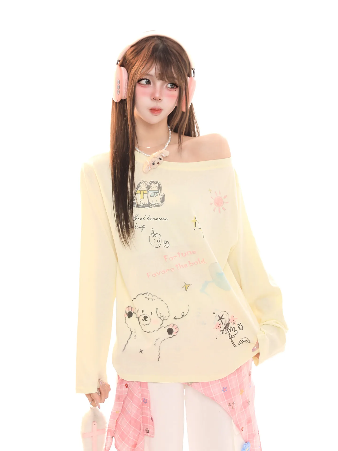 

Sweet Girl Cartoon Print Asymmetrical oulder Long Sve T-irt Women's Loose Design Beautiful Exposure oulder Top