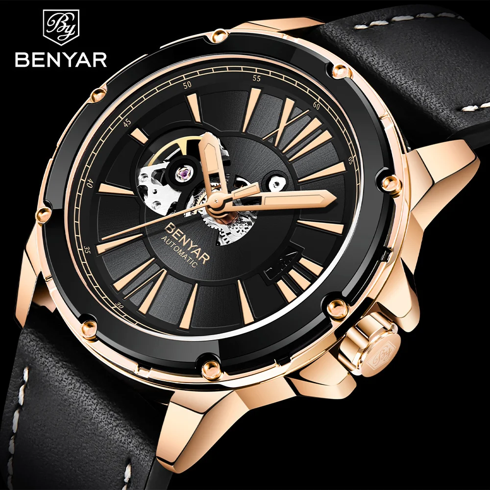 BENYAR Watch For Men Skeleton Automatic Mechanical Watch Skeleton Vintage Man Watch Leather Waterproof Top Brand Luxury Clock