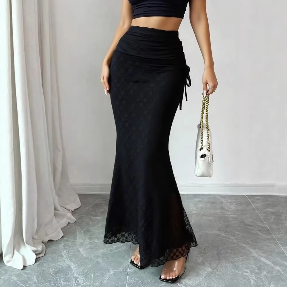 Women 2026 Summer European American Style Lace Mesh Skirt High Waist Bodycon Slim Midi Skirt Street Photo Chic Elegant New