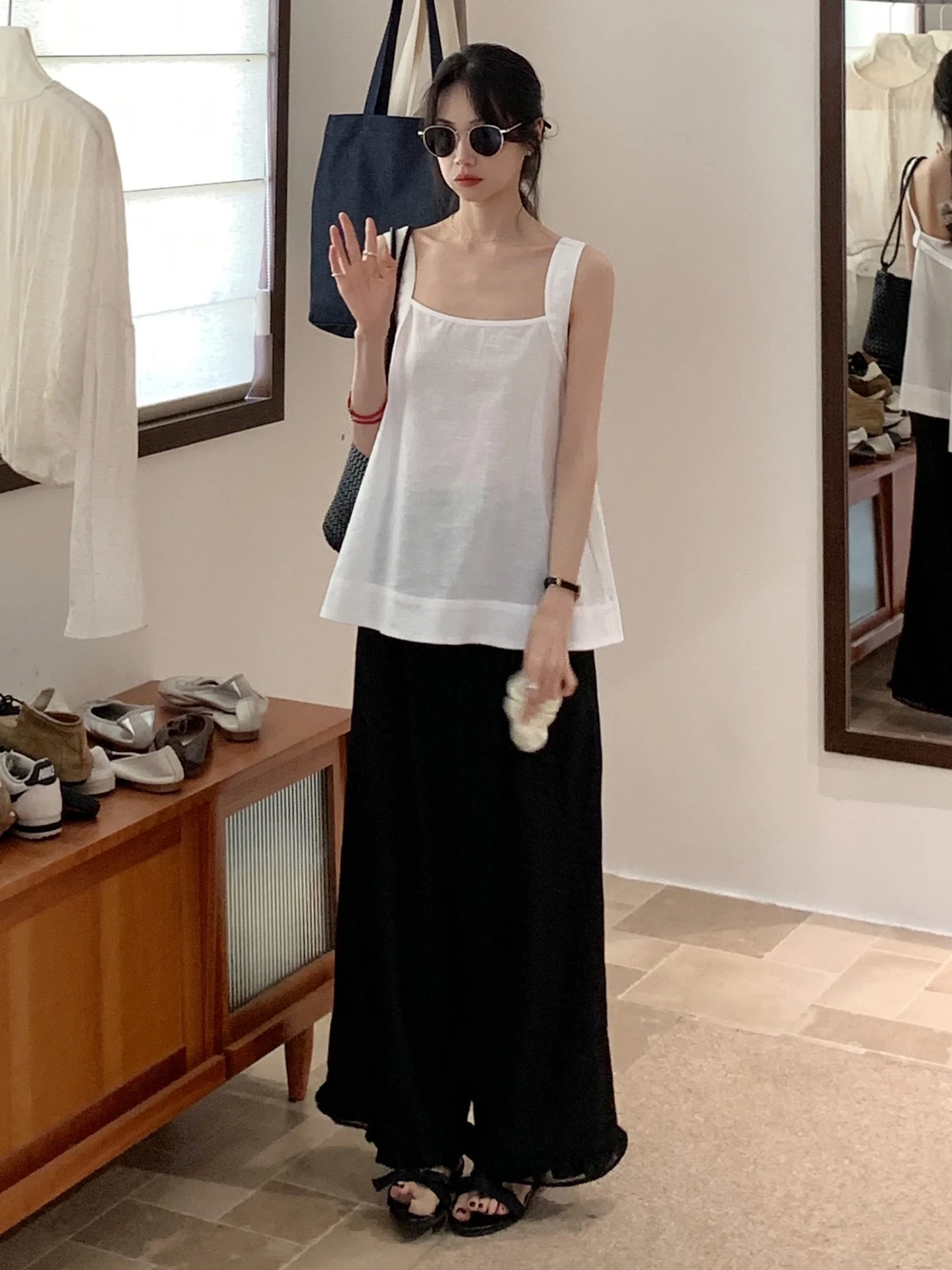 

Korean Sle Summer Thin Design Casual irt And Pants Set Women's Faion Two-Piece Suit Square Collar ort Sve Long Pants