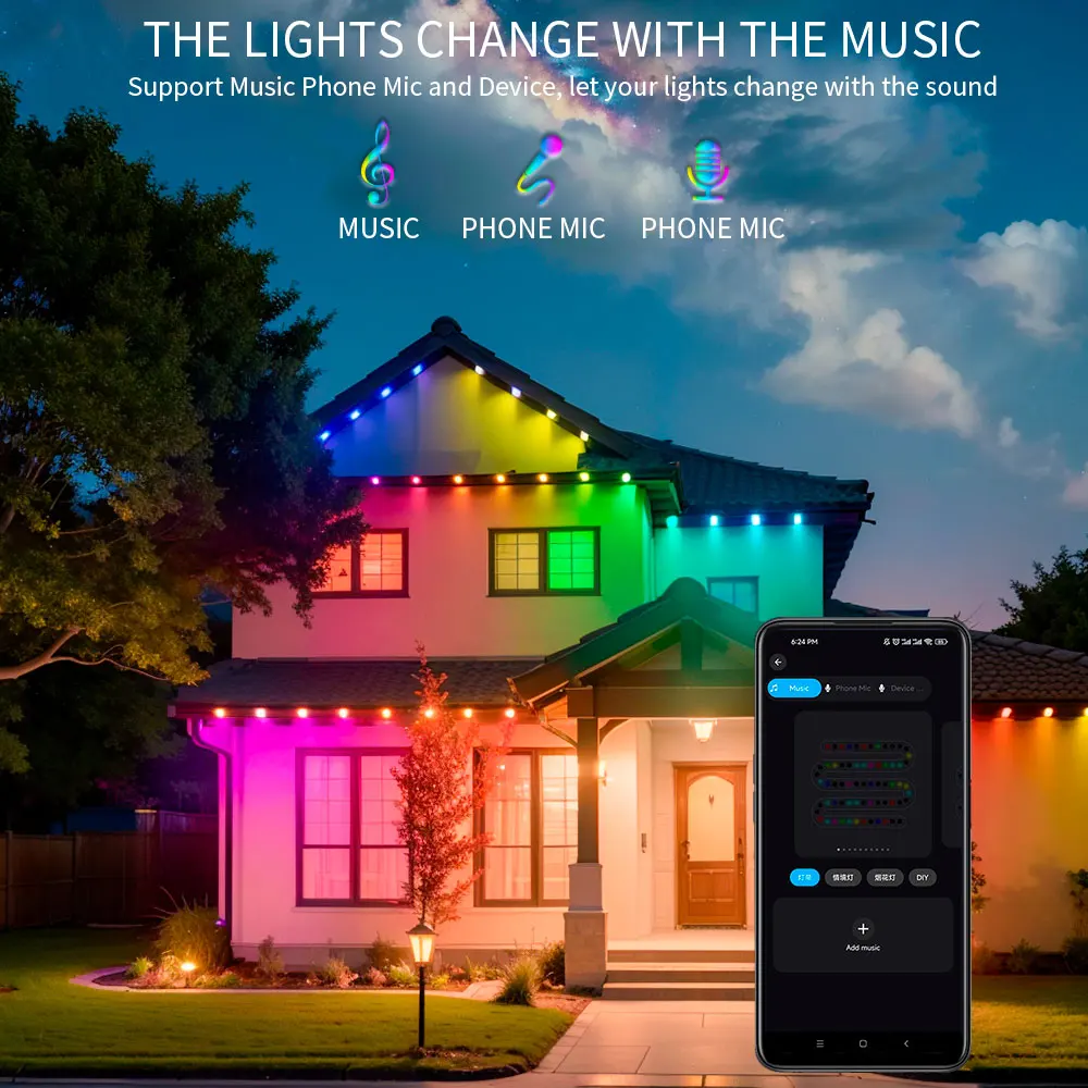 5054 16703IC Smart eaves LED light WIFI Bluetooth RGBIC Dream Color outdoor decorative lights With Alexa Google Home Assistant