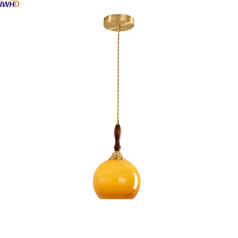 

IWHD Modern Nordic Glass LED Pendant Lighting Bedroom Living Dining Room Wood Handle Gold Brass Hanging Lamp Lustres De Plafond