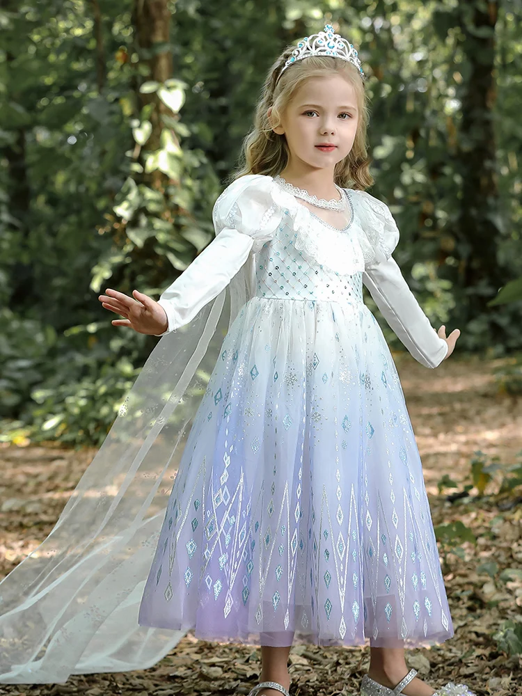 Kids Dresses Autumn Winter New Snow and Ice Princess Elsa Frozen Dress for Girls Birthday Party White Gradient Aisha Mesh Dress