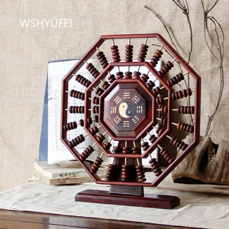 Bagua Tai Chi Wooden Abacus Ornament Octagonal Solid Wood Abacus with Stand Chinese Traditional Wood Carving Desktop Decor