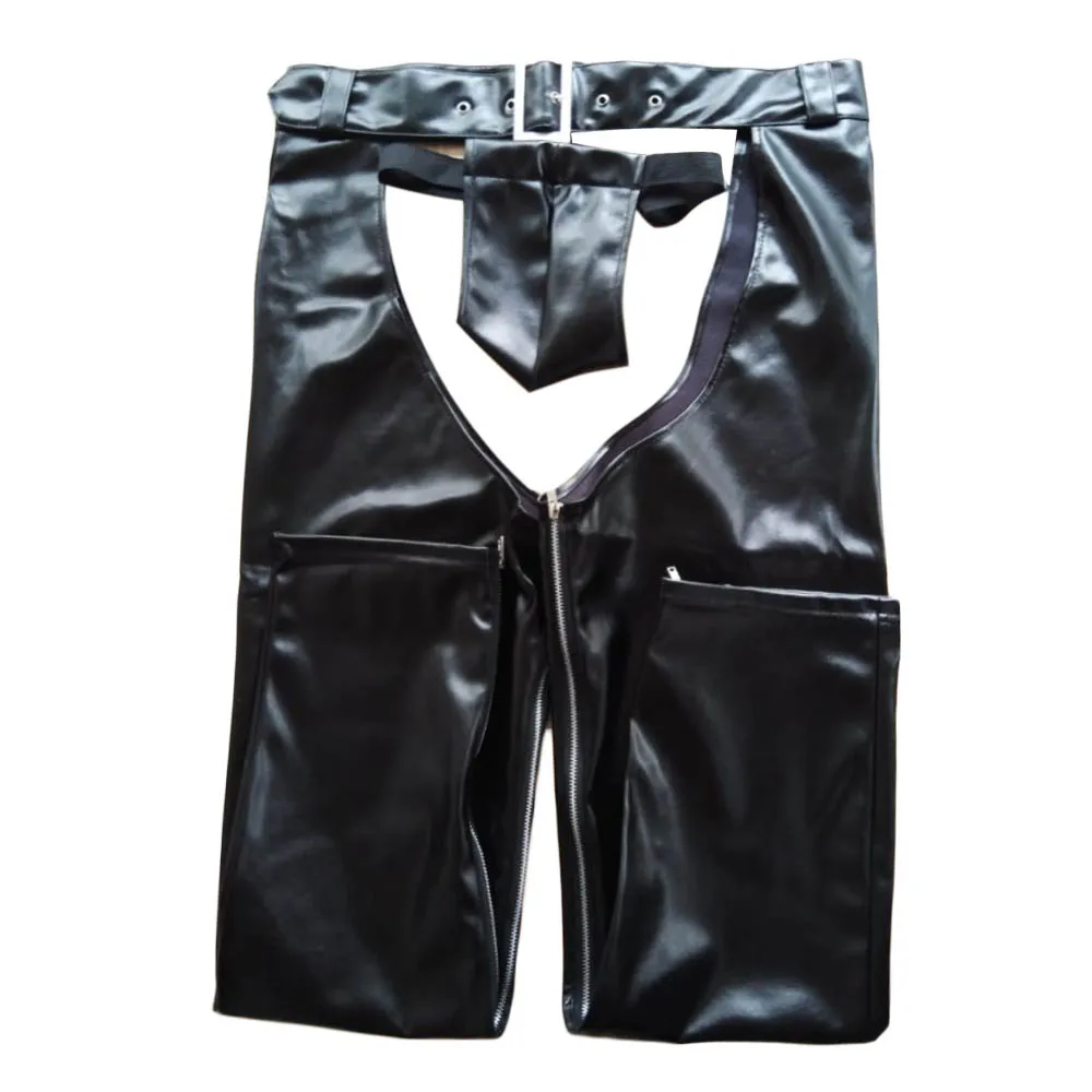 New Mens Open Crotch Trousers Nightclub Stage Outfit Sexy Mens Gothic PU Belt Buckle Peni Pouch Faux Leather Clubwear Long Pants