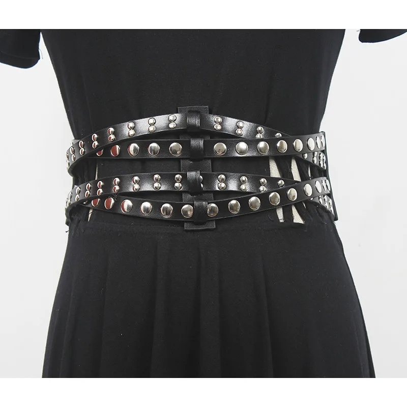 

Dark Punk Vintage Versatile Elastic Wide Waistband for Women,Paired with Skirts Hollowed Out Leather Decoration Waist Belts