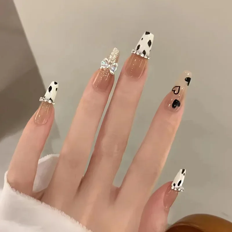 Nail Art sztuczne paznokcie rumieniec trzy diamentowe długie T Nude różowy brokat noszenie wielokrotnego użytku fałszywe paznokcie baleriny naciśnij na zestaw Nail Art