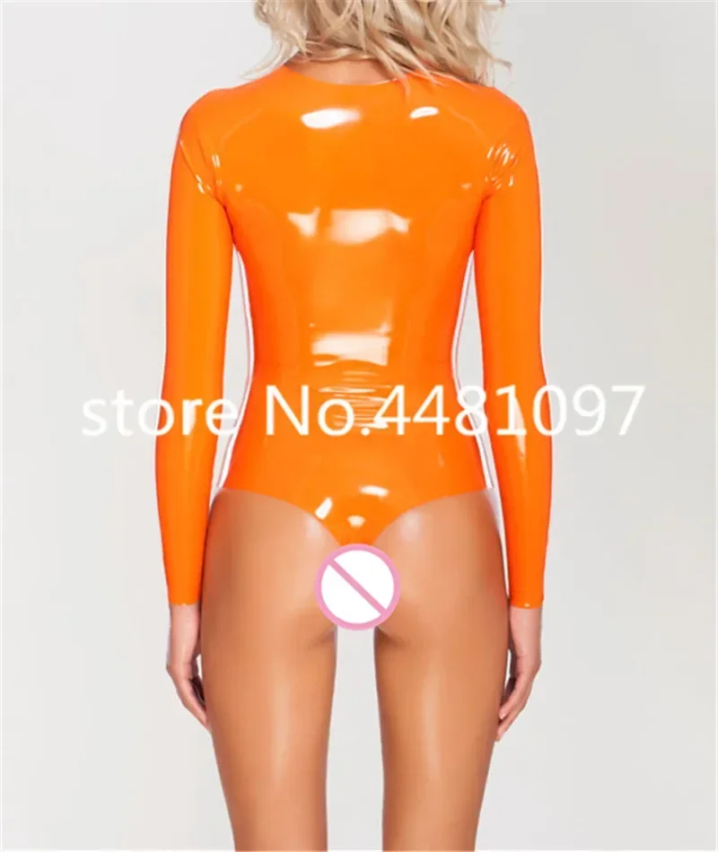 100% Nature Latex Handmade Swimsuit Orange Latex Tight Costumes Bodysuit Latex Long Sleeve Clothes XS-XXXL(no zipper)