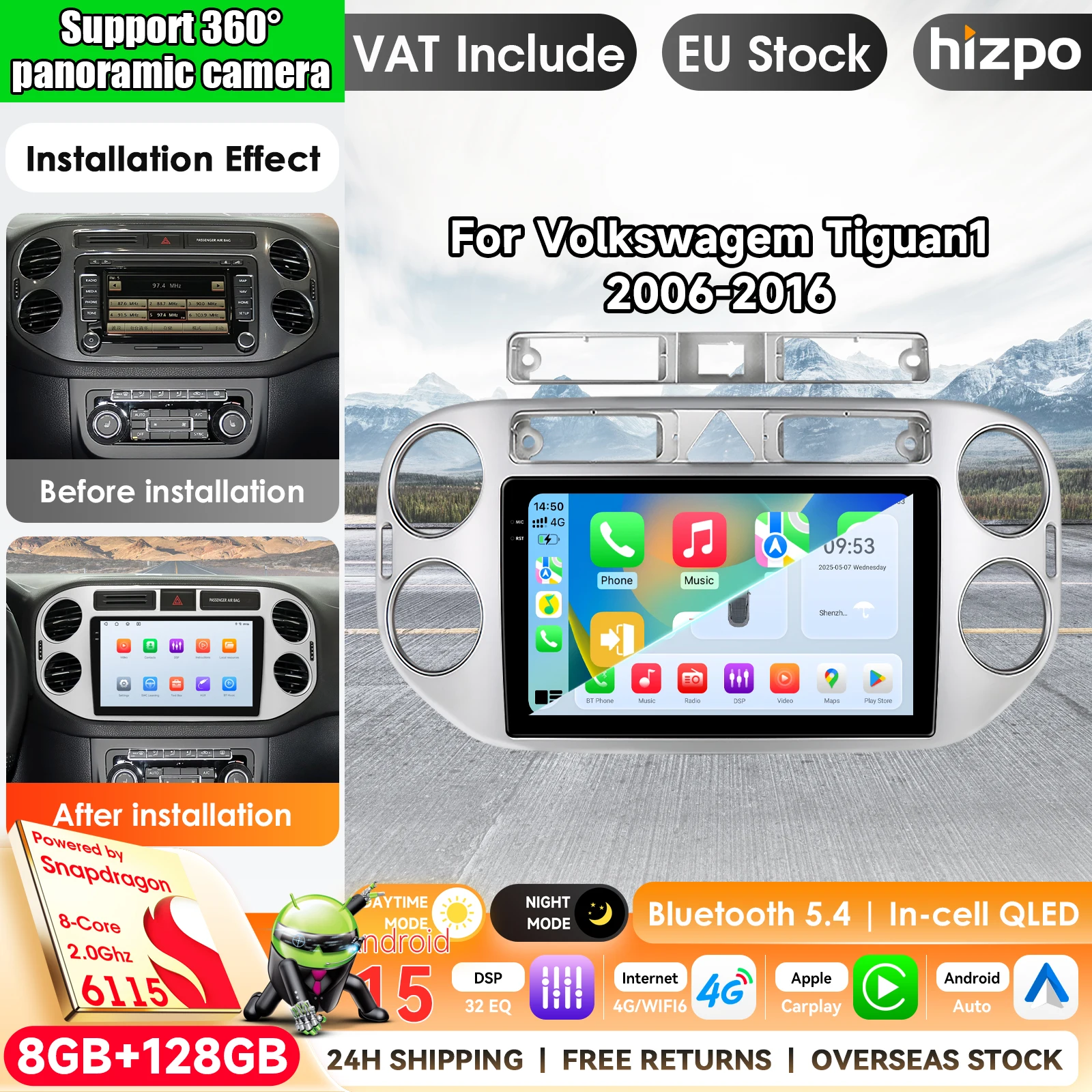 Autoradio Hizpo da 9 pollici per Volkswagen VW Tiguan 2006 2010 2016 Golf Plus, colore nero e argento, con Carplay wireless, Android Auto, sistema multimediale, sistema intelligente AI, unità