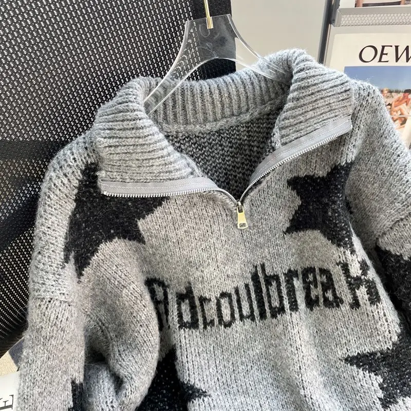 Amerikanischer Retro-Star-Pullover mit halbem Reiß verschluss, fauler Stil, lockere Oberbekleidung, mittellanges Strick oberteil für Herbst und Winter