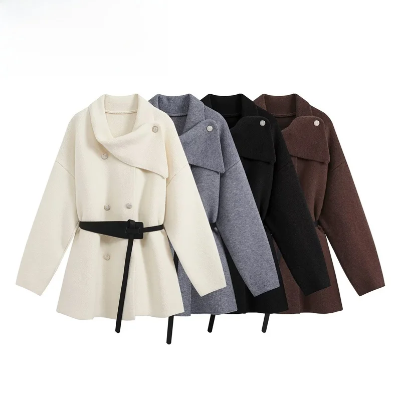 New Women's Knitted Jacket LA Fashion Versatile Belted Asymmetrical Neck Design Polyester Fiber Long Sleeve Mid-Length Coat